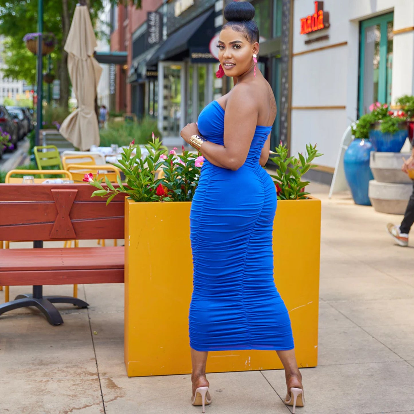 Women Clothing Sexy Bandeau Pleated Solid Color Dress Midi Dress