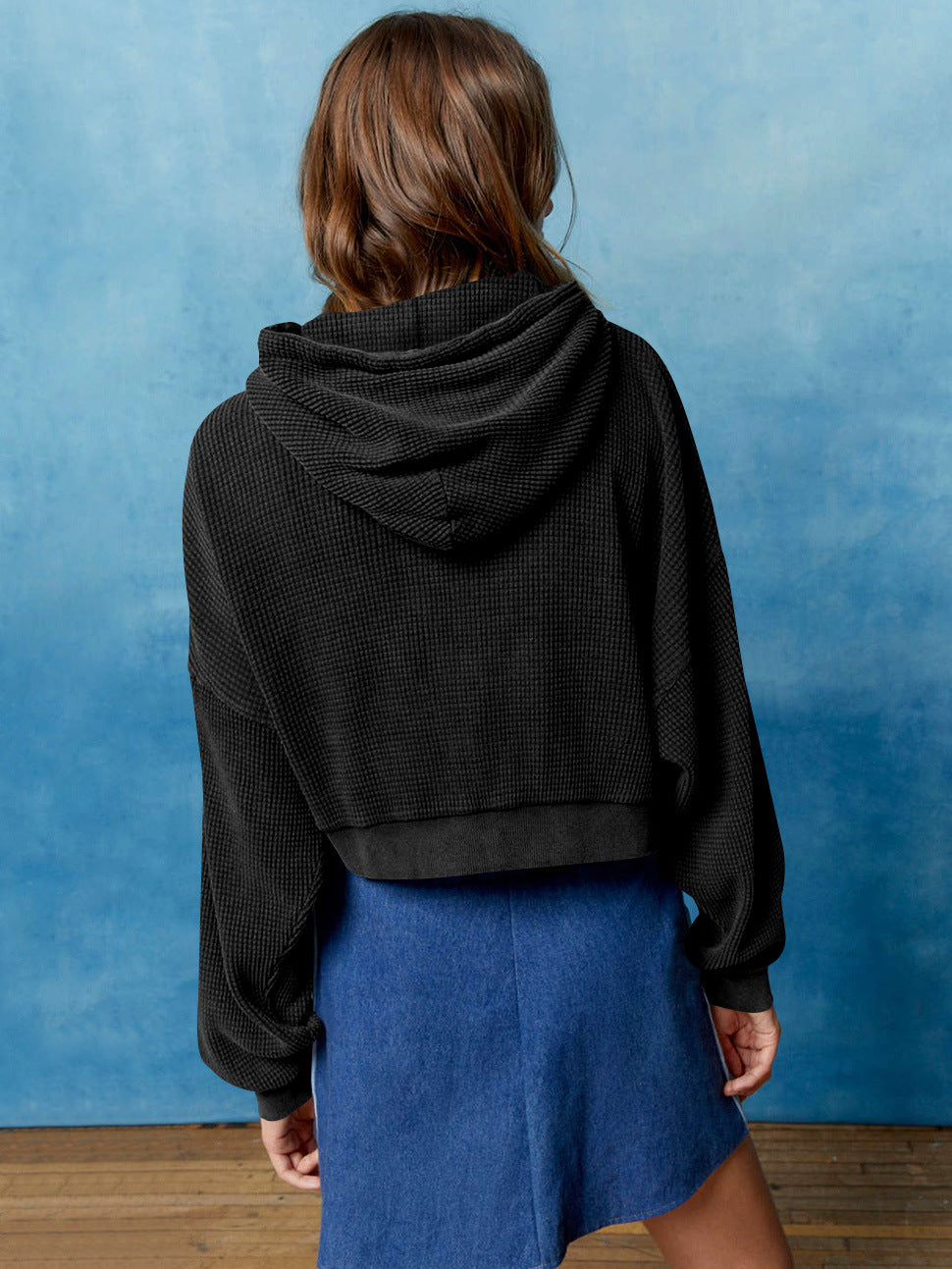 Autumn Casual Sweatshirt Women Slimming Hooded Zip Cardigan Waffle Solid Color Short Coat