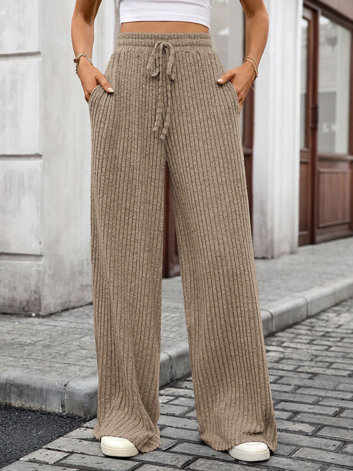 Autumn Winter Solid Color Drawstring Sunken Stripe Brushed Elastic Waist Casual Trousers