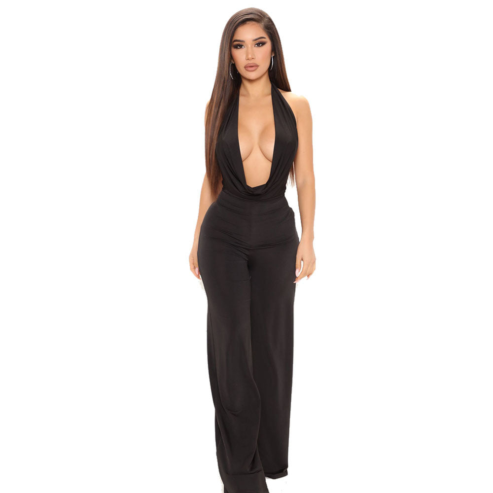 Summer Sexy Women Clothing Deep V Plunge Halter Backless Waist Wide Leg Jumpsuit