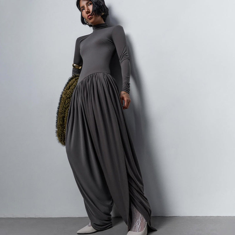 Fall Women Clothing Slim Fitting Cool Turtleneck Solid Color Long Sleeve Pleated High Waist One Piece Trousers Women