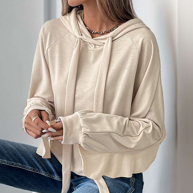 Hoodie With Drawstrings Ruffled Long Sleeve Pocket Solid Color Hoodie Autumn Winter Women