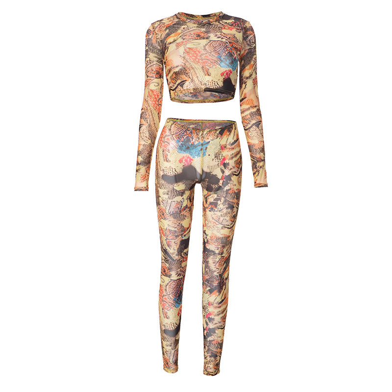 Slim Fit Sexy Printed Mesh See Through Cropped Short Long Sleeve Top Trousers Suit