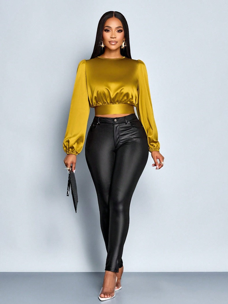 Women Clothing Fall Satin Satin Shirt Sexy Leopard Print Top Shirt