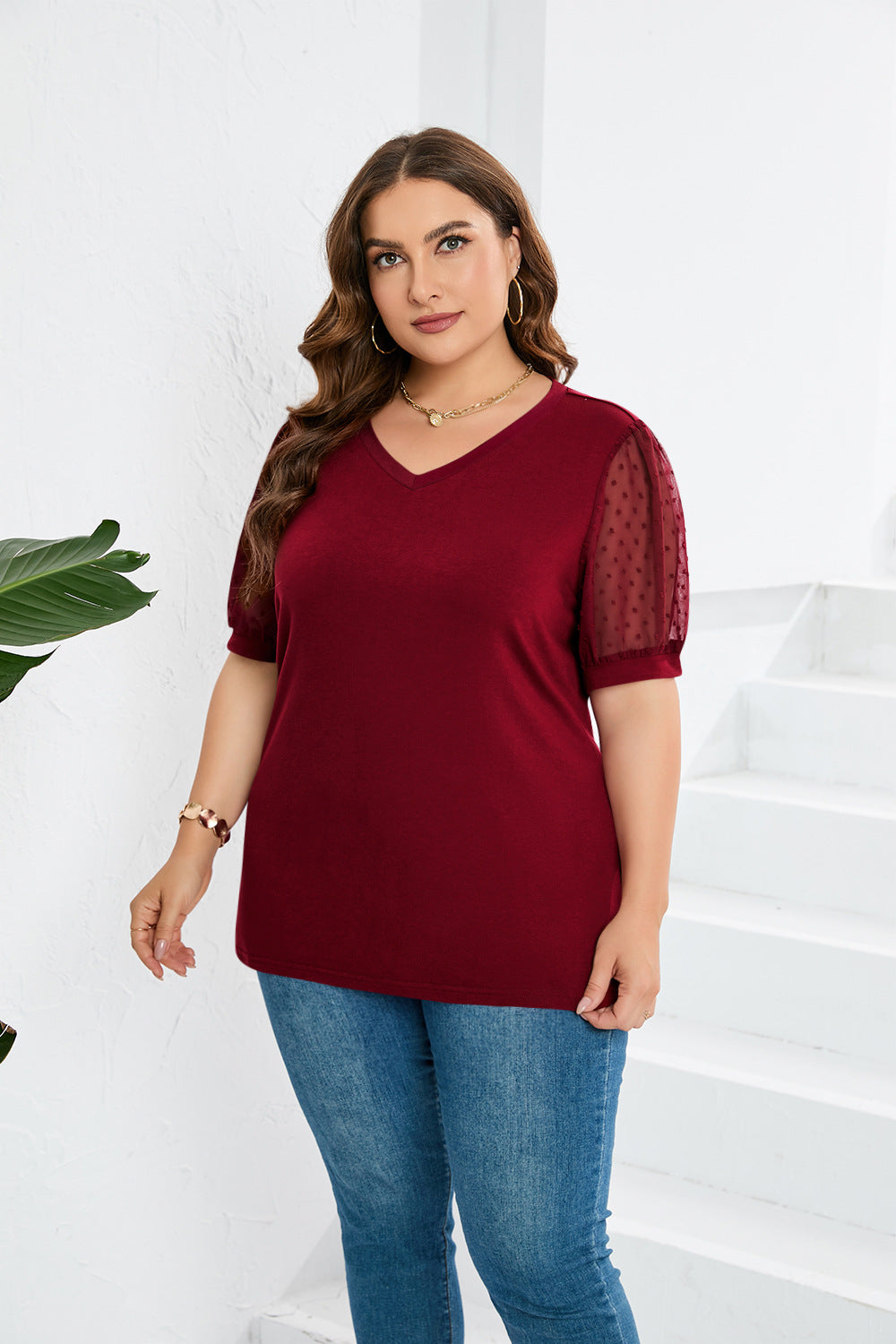 Women Clothing Mesh Fluffy Short Sleeve Puff Sleeve V neck Solid Color T shirt Women