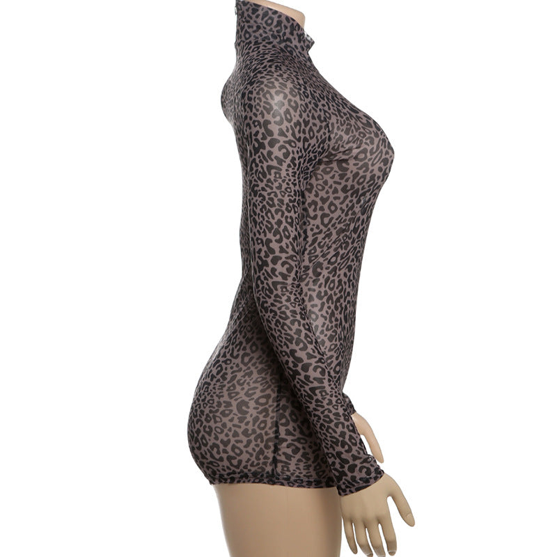 Summer Women Clothes Sexy Half Turtleneck Leopard Print Slim Slimming Sheath Jumpsuit