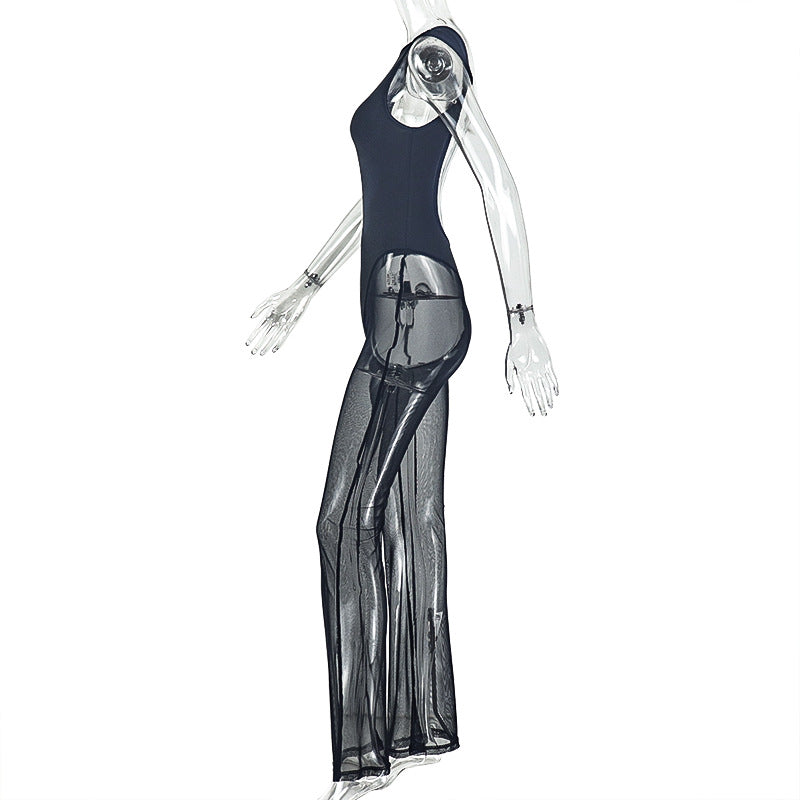 Slim Fit Sports Women round Neck Micro Transparent Mesh Jumpsuit Sexy Solid Color Backless Long Jumpsuit