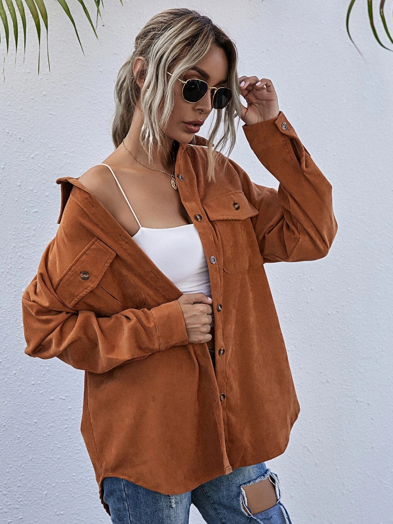 Autumn New Corduroy Shacket Collared Long Sleeve Loose Casual Jacket Women shacket