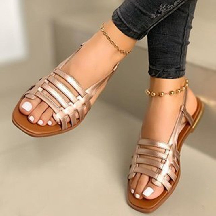 Hollow Out Cutout out Buckle Flat Sandals Women Summer Outdoor Knitted Belt Beach Sandals