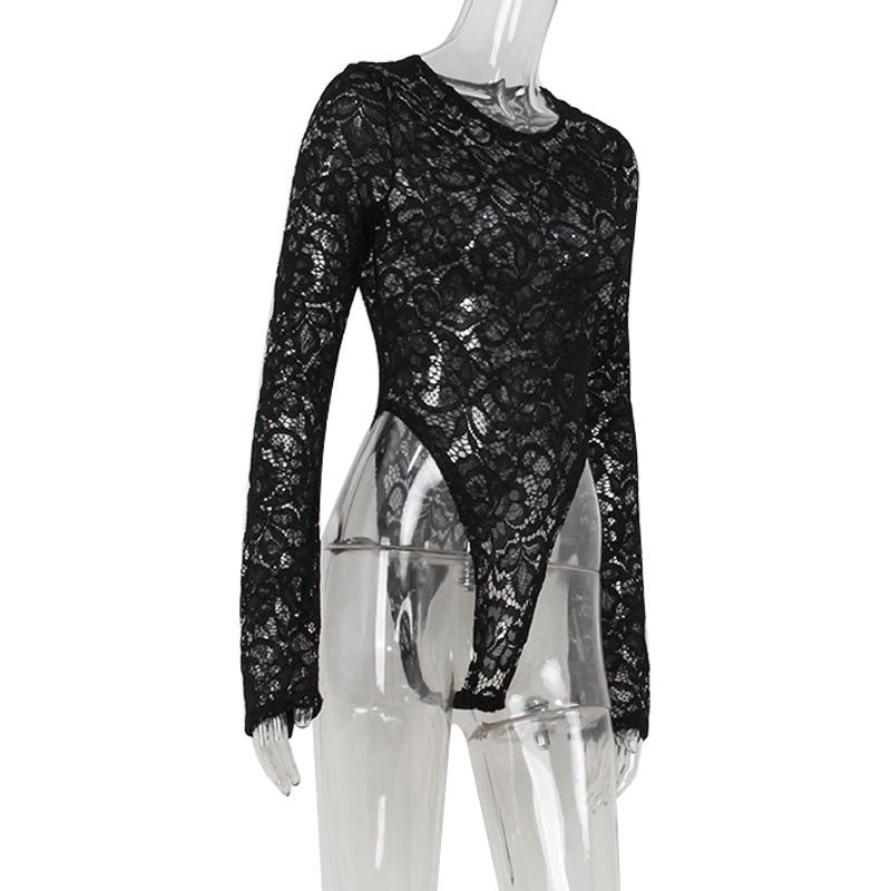Sexy Women Clothing Lace Jacquard See through Slim Fit Long Sleeve Sexy Women Jumpsuit