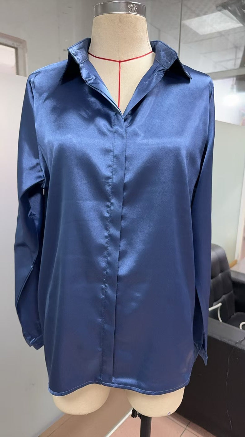 One Button Satin Shirt Office Long Sleeve Shirt Spring Summer Loose Top Women Clothing