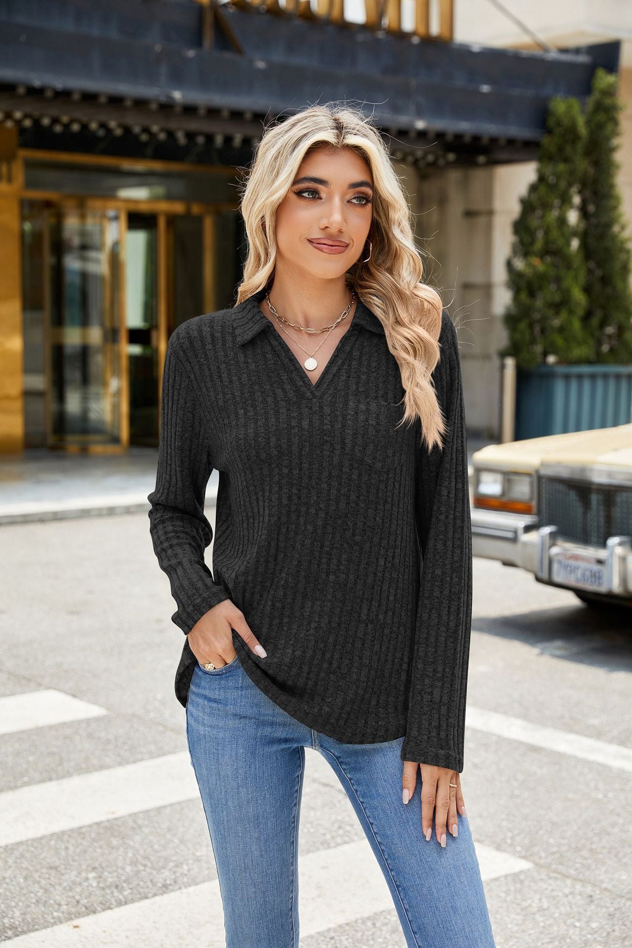 Autumn Winter Solid Color Polo Collar Pocket Long Sleeve Loose Fitting T Shirt Top Women