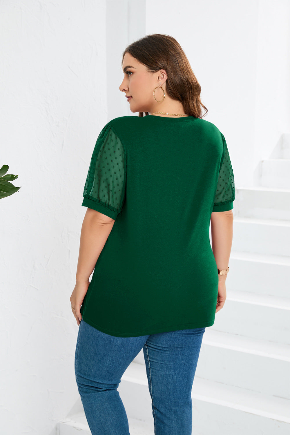 Women Clothing Mesh Fluffy Short Sleeve Puff Sleeve V neck Solid Color T shirt Women