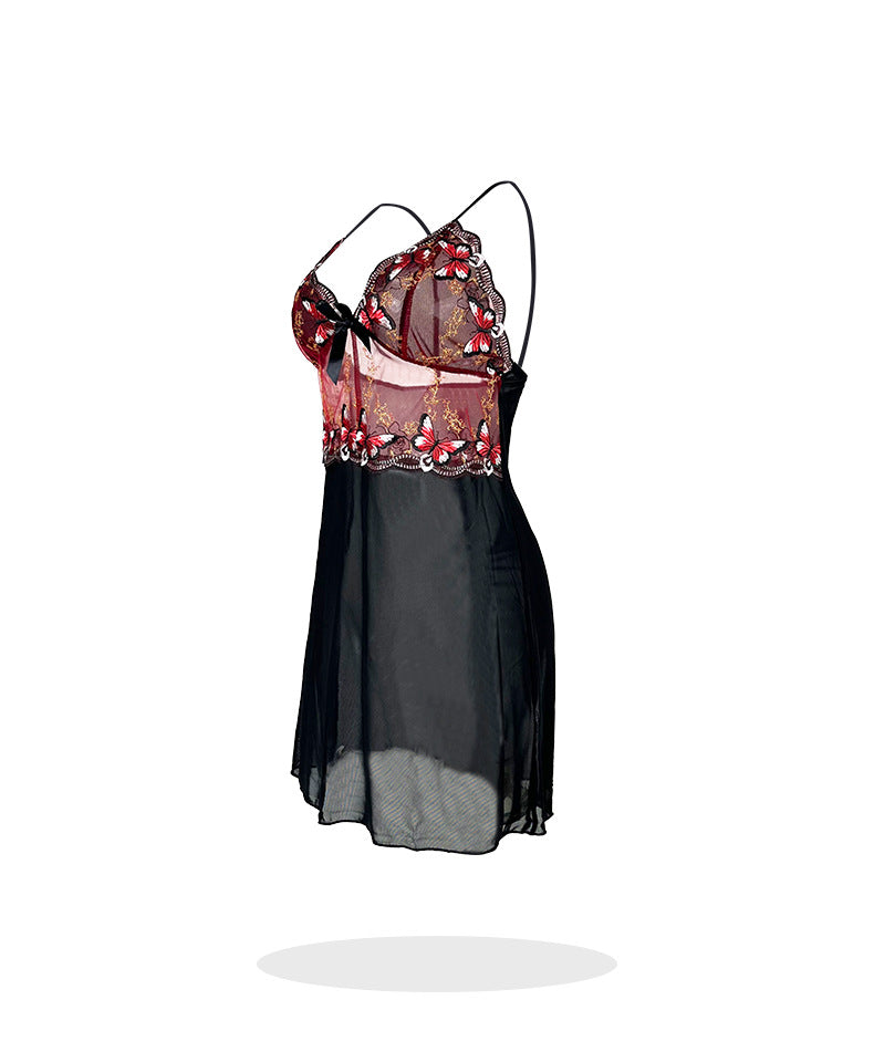 Lady Sexy Nightdress Butterfly Lace Embroidery See through Mesh Camisole Temptation Home Pajamas