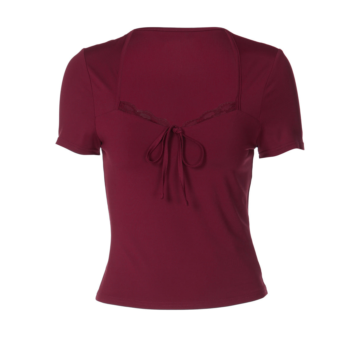 Women Clothing Winter Lace Flounce Trim Lace up Slim Fit Sexy Short Sleeve Top T shirt
