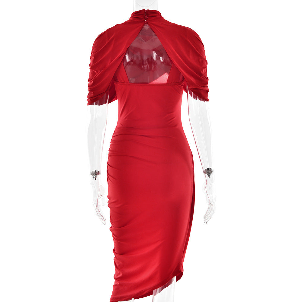 Elegant Slim Pleated Dress Sexy Backless Sheath Women Dress