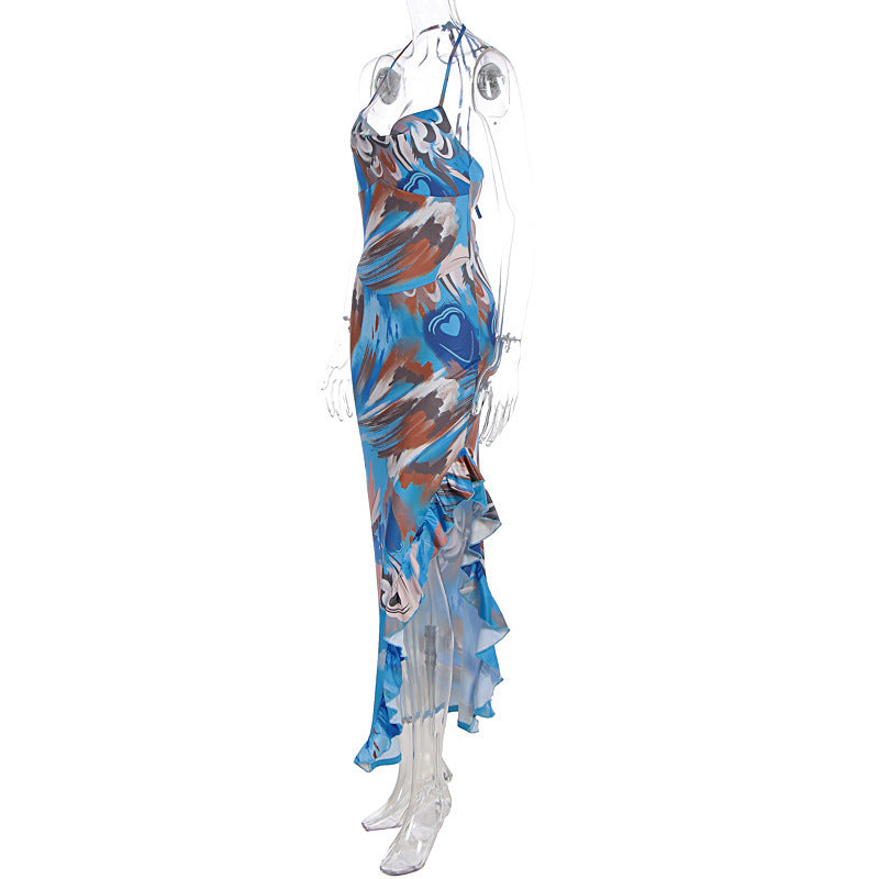 Summer Women Dress Sexy Halter Sleeveless Printed Dress