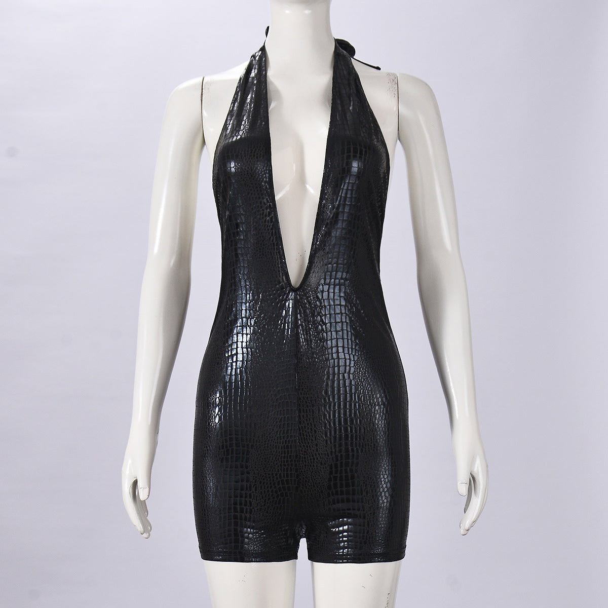 Sexy Faux Leather Coating Halter Backless Sexy Cutout Tight Jumpsuit Women