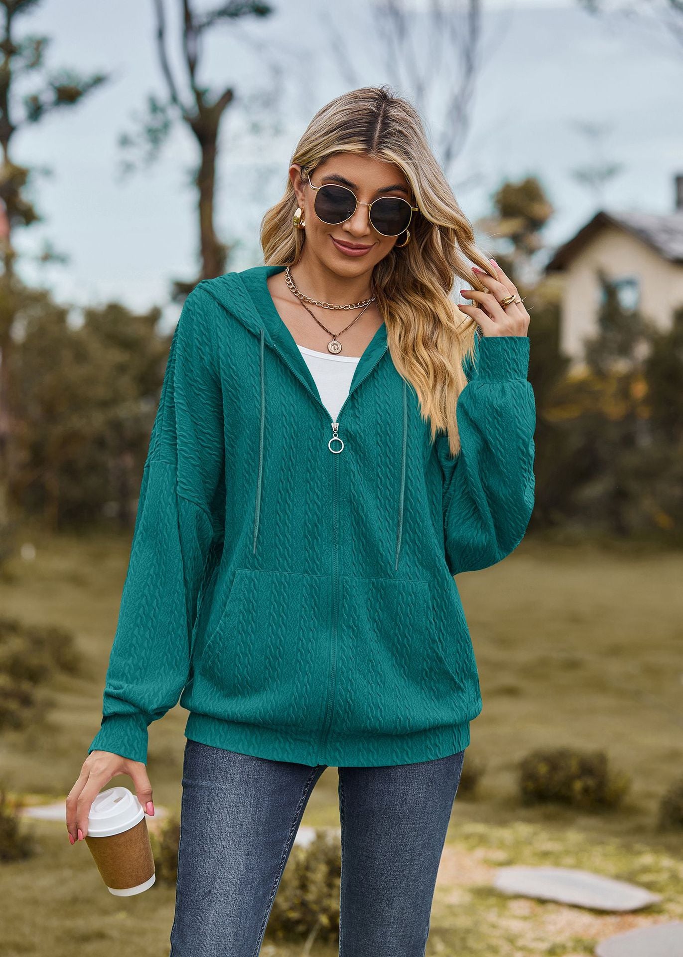 Autumn Winter Solid Color Pocket Long Sleeve Loose Hooded Sweatshirt Women Coat
