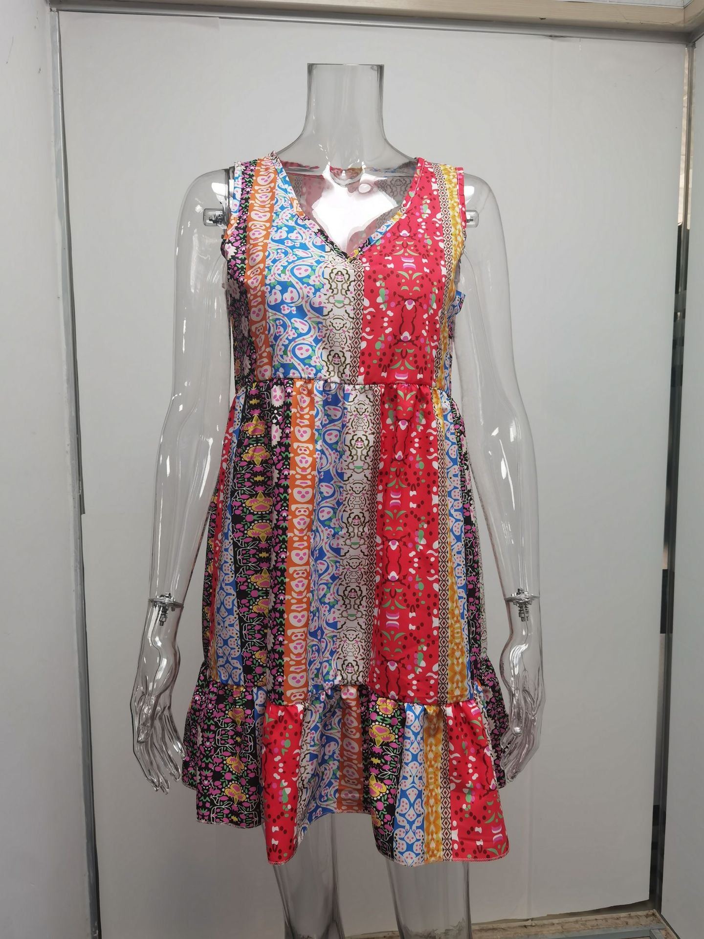 Summer Floral Patchwork Ruffled V Neck Sleeveless Mini Dress