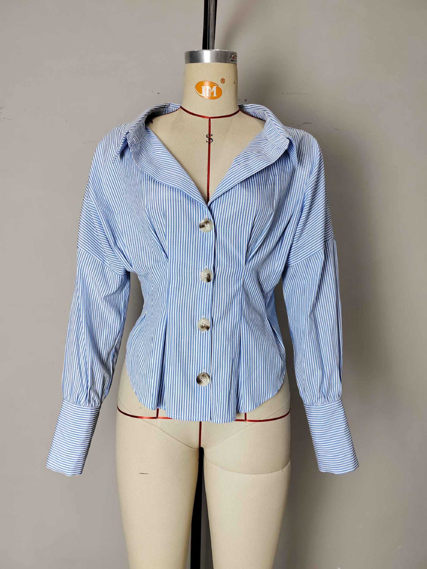 Elegant Shirt Elegant Collared Puff Sleeve Pleated Waist Tight All Match Striped Long Sleeved Top