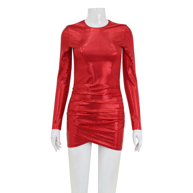 Women Clothing Sexy Round Neck Long Sleeve Sequ Dress Irregular Asymmetric Dress Sheath Short Dress Women
