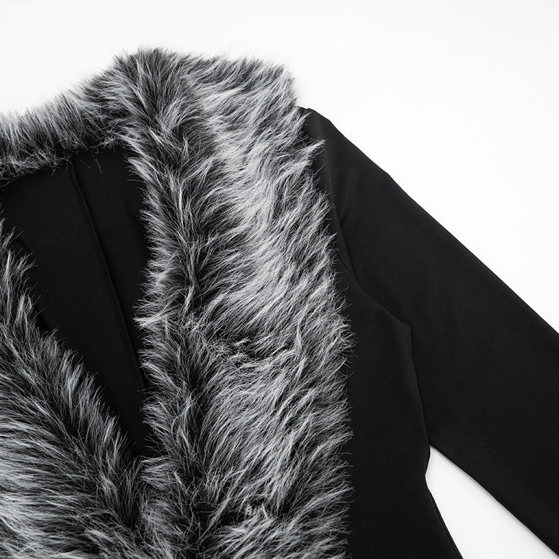 Women Clothing Autumn Winter Elegant Fur Collar Deep V Plunge Long Sleeve Tight Fitting Solid Color Elegant Romper
