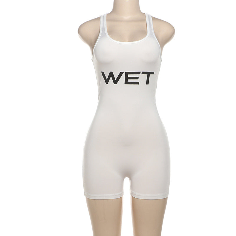 Women Summer Sexy Backless Solid Color Sling Sports Tight Jumpsuit