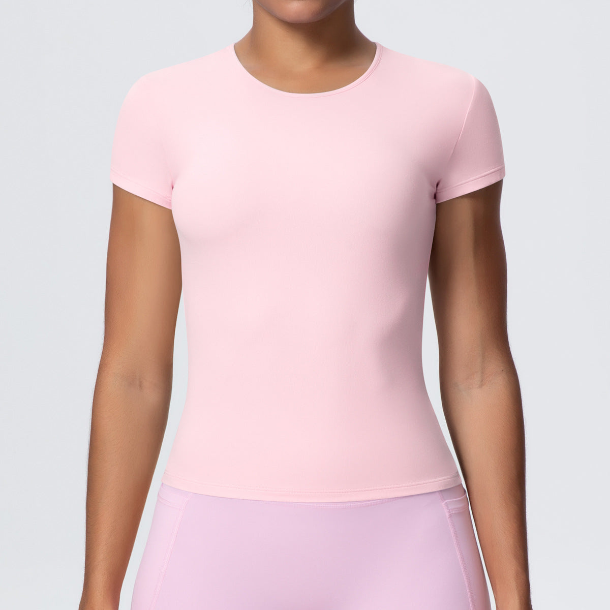 Casual Solid Color Sports Short Sleeve Waist Controlled Slim Fit Breathable Yoga T shirt Running Training Nude Feel Workout Top