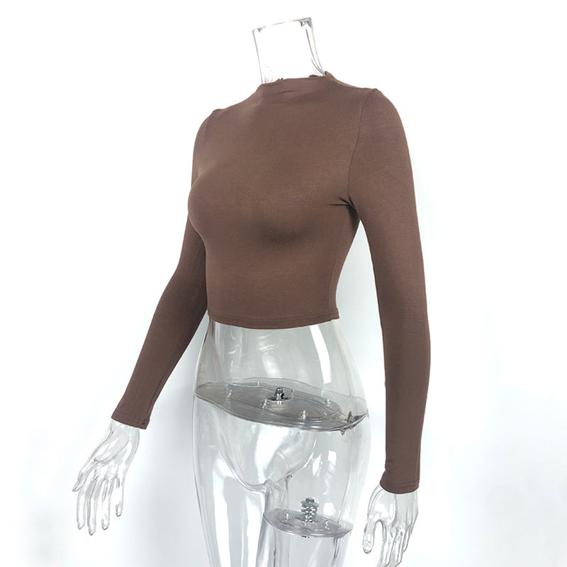 Women Clothing Autumn Solid Color Sexy Tight cropped Long Sleeve Half Turtleneck T shirt Bottoming Shirt