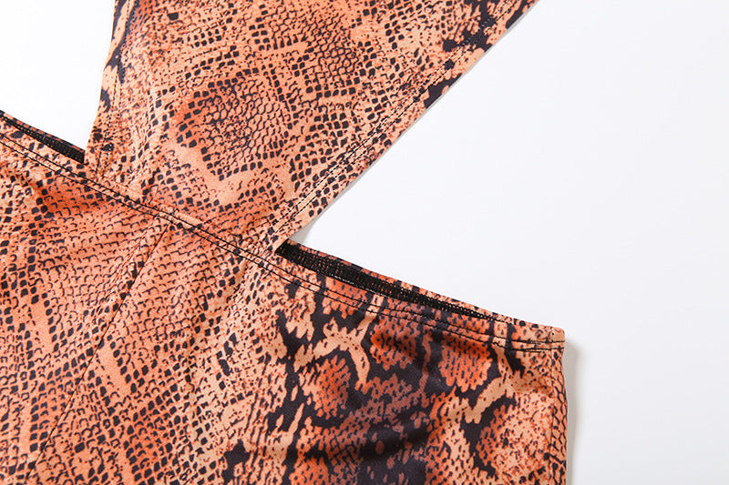 Autumn Winter Women Crew Neck Personality Snake Pattern Sexy Cutout Slim Sexy Jumpsuit