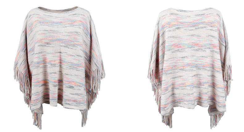 Tassel Cape Shawl Women Autumn Winter Outerwear Striped Knitted Cape