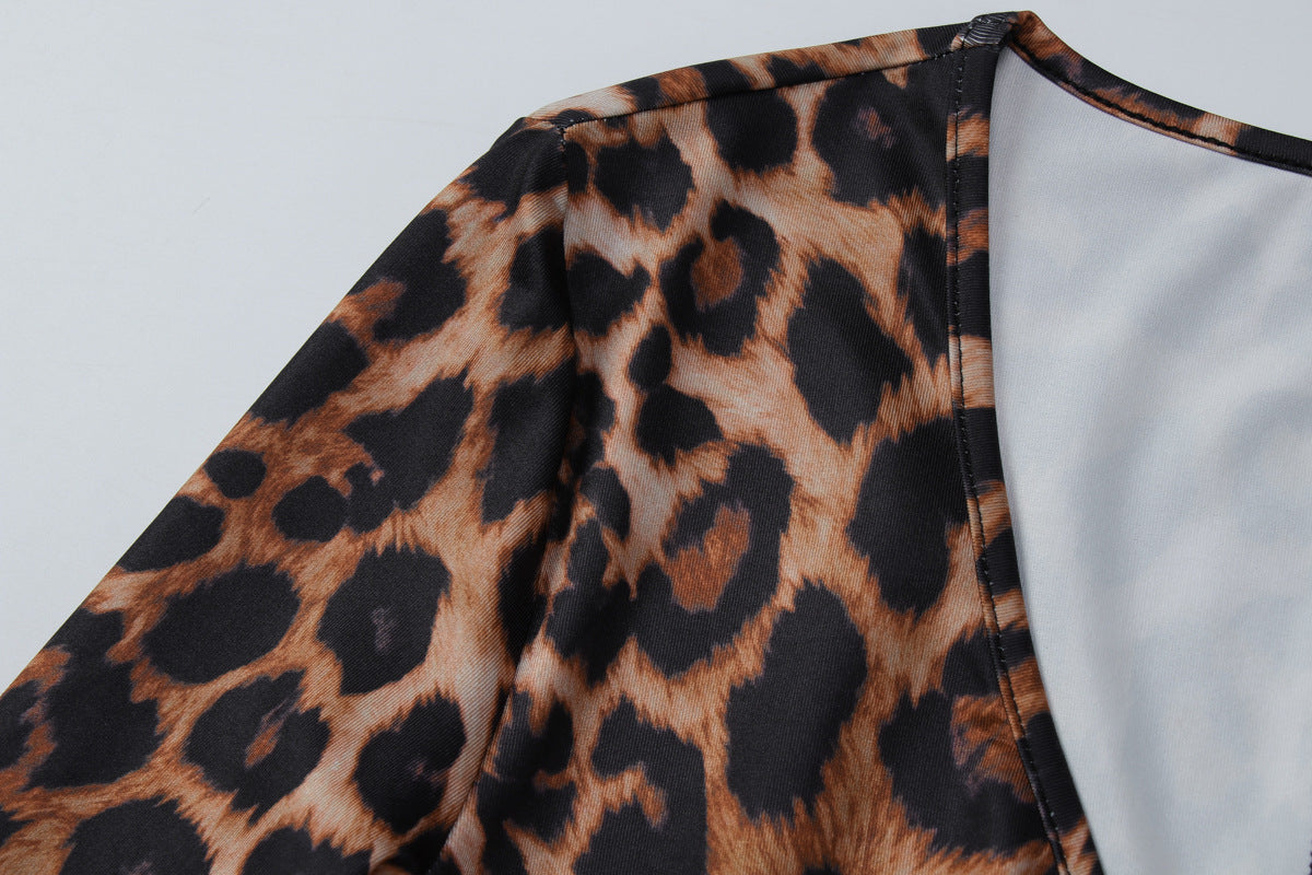 Women Clothing Autumn Winter Leopard Print V neck Long Sleeve Sexy Tight Jumpsuit Women