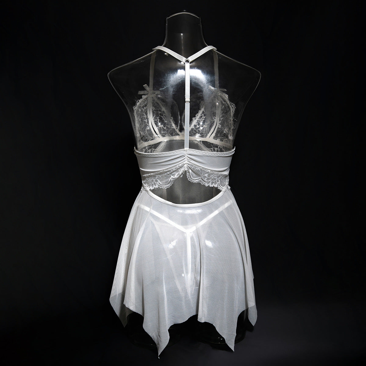 Sexy See through Slip Nightdress White Lady Cute Temptation Irregular Asymmetric Hem Cut Two Piece Set