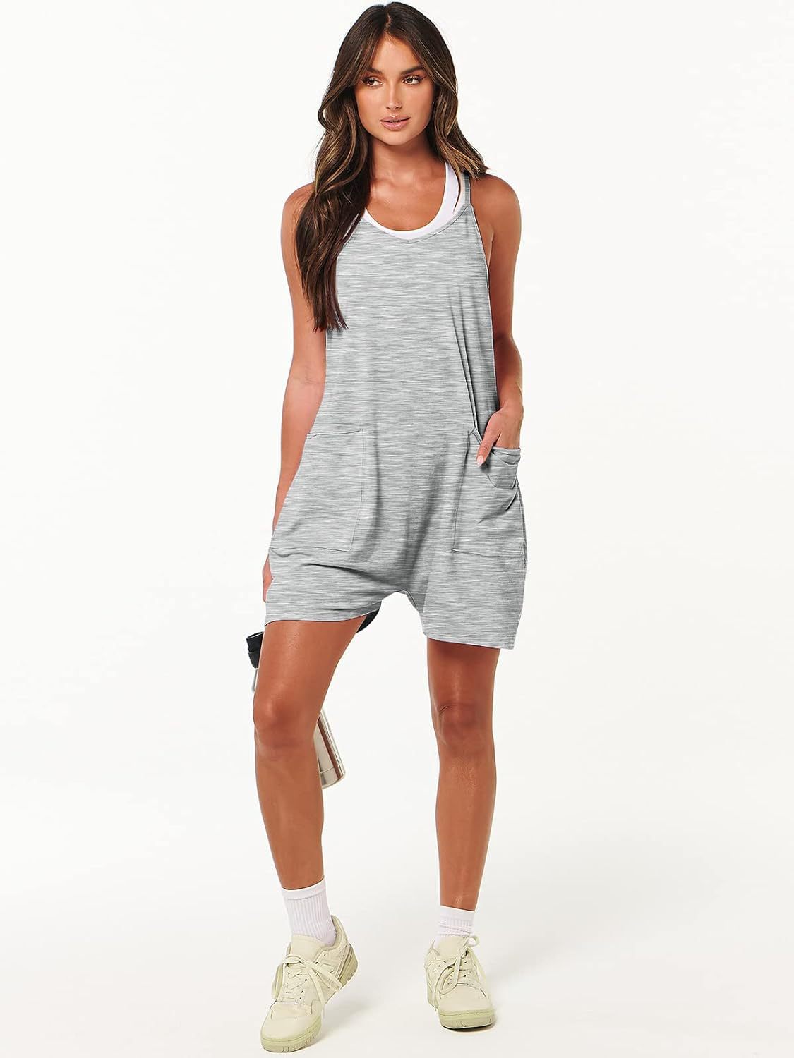 Women Clothing Summer Casual Pocket Spaghetti Straps Knitted Shorts Jumpsuit Suspender Pants Women