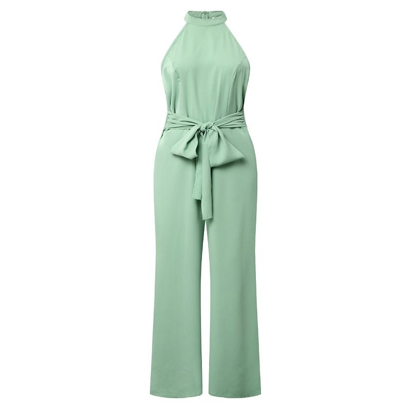 Solid Color Sleeveless Halter High Waist Lace up Straight Casual Jumpsuit Summer