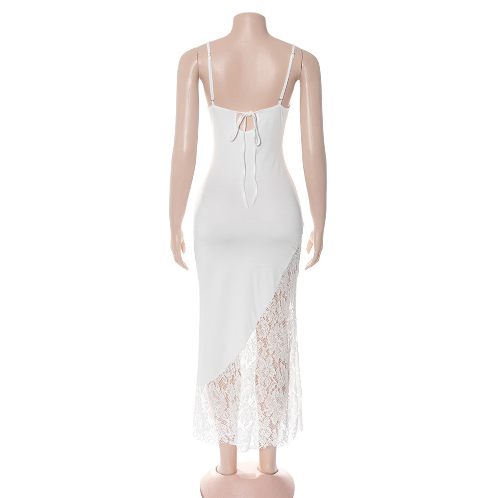 Retro White Lace Wood Grain Gentle Splicing Sling Dress in Time