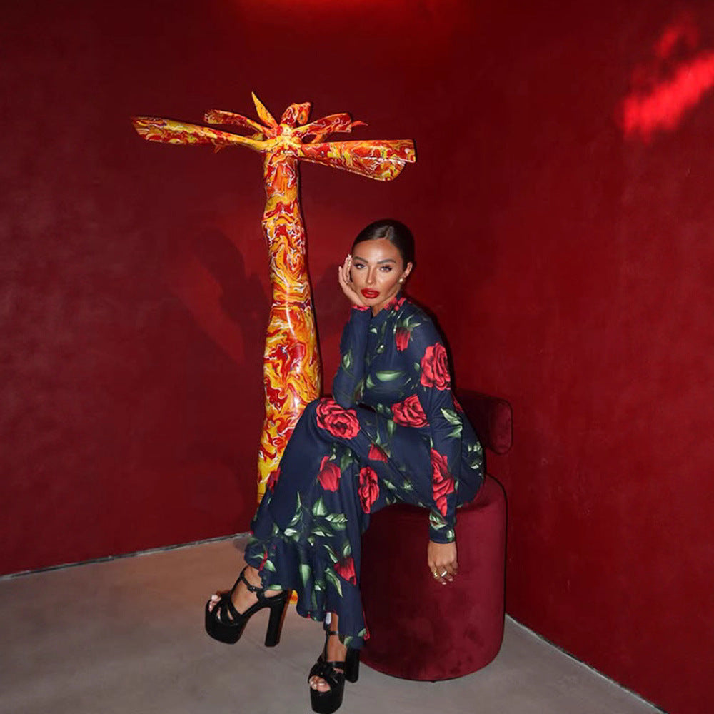 Women Long Sleeve Floral Print Dress National Chinese Slim Fit Maxi Dress