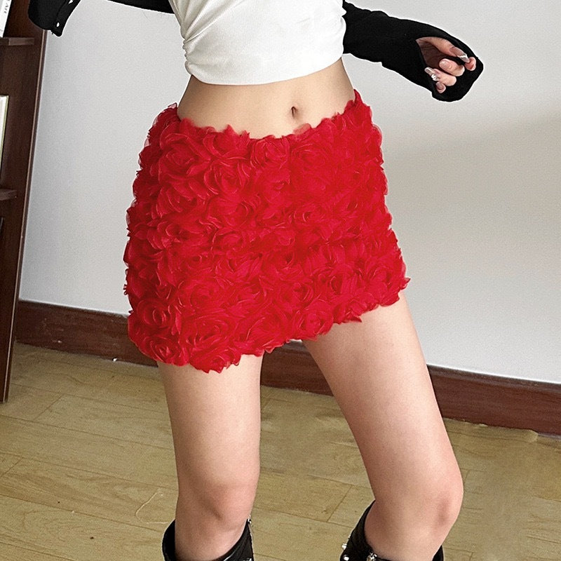 Women Clothing Nightclub Sexy Solid Color Three Dimensional Floral Ultra Short Skirt Straight Hair