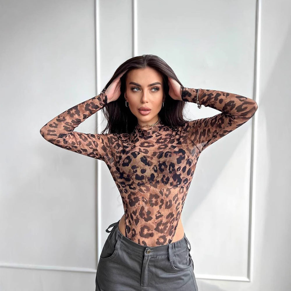 Personalized Sexy Slim Leopard Print Long Sleeve round Neck Bottoming Tops Women