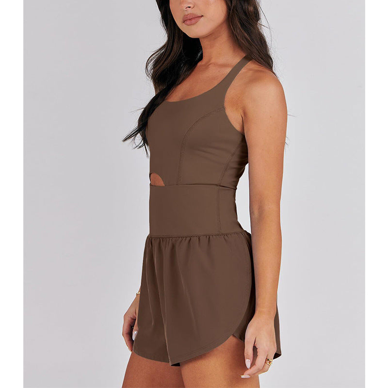 Summer Women Hollow Out Cutout Sling Slim High Waist U Collar Exercise Yoga Clothes