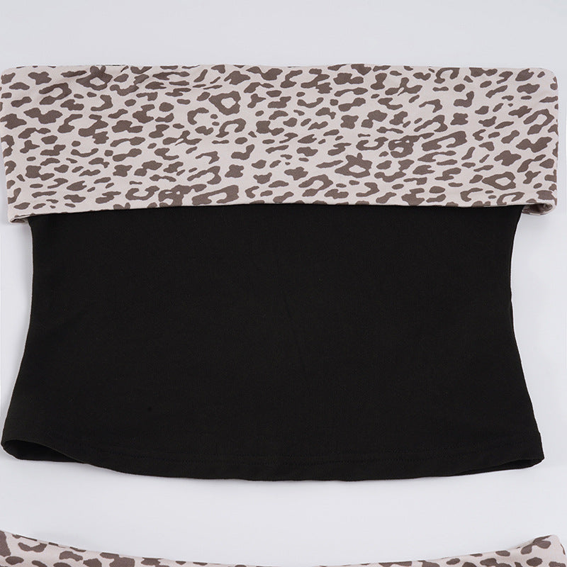 Sexy Women Wear Leopard Splicing Casual Tube Top Shorts Set Slimming Top Hip Boxer Shorts Two Piece Set