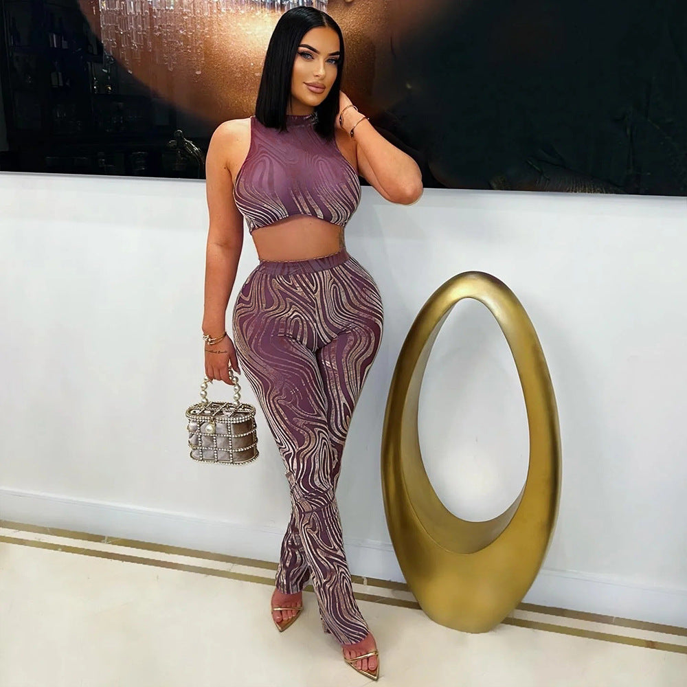 Two Piece Sets round Neck Sexy Sleeveless Short Top Match Slim Fit Pencil Pants
