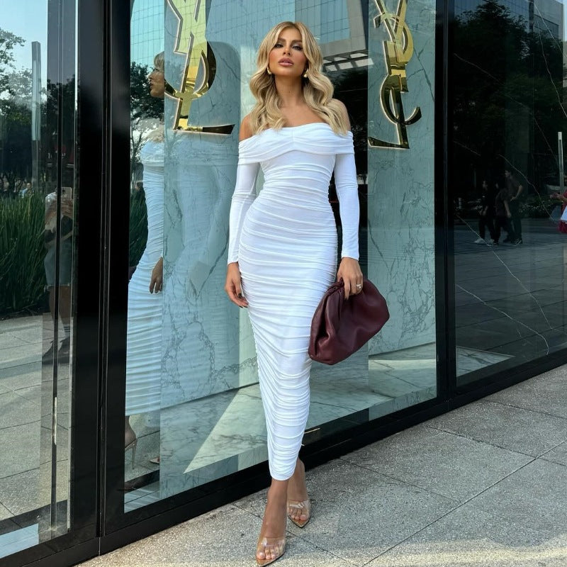 Solid Color Sexy off the Shoulder Maxi Dress Elegant Pleated Long Sleeve Dress Women