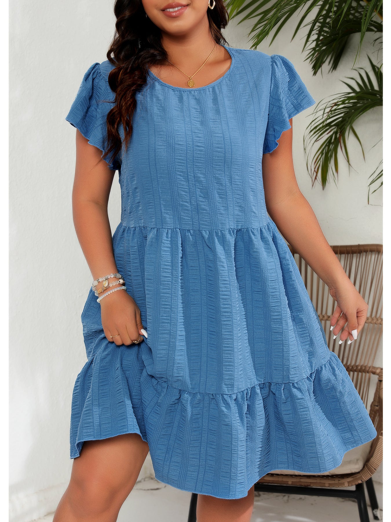 Plus Size round Neck Ruffle Sleeve Waist Tight Vacation Casual Dress