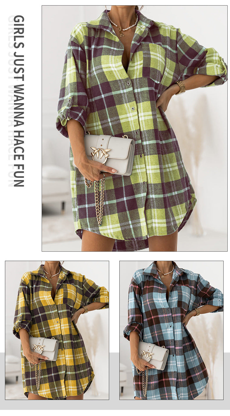 Summer Office Long Sleeved Blue Age Reducing Collared Cotton Single Breasted Japanese Plaid Shirt Outerwear