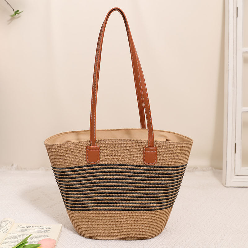Striped Shoulder Straw Bag Woven Bag Summer Large Capacity Casual All Match Women Seaside Beach Rattan Woven Bag