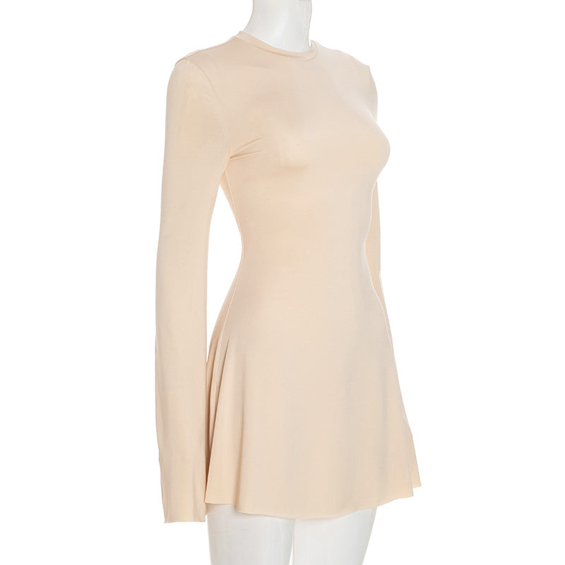 Women Clothing Autumn Winter Solid Color Casual Slim Flared Long Sleeve A Hemline Short Dress