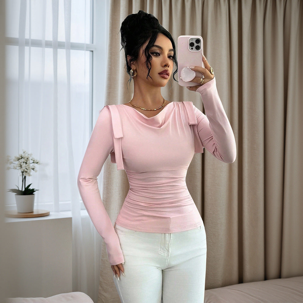 Women Clothing Spring Autumn Pile Collar Slim Slimming Solid Color All Matching Long Sleeve Top T shirt Bottoming Shirt