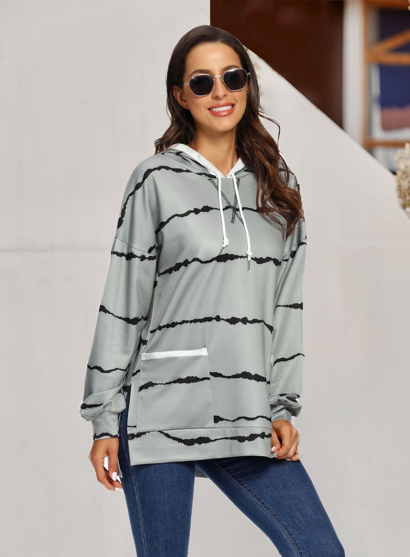Women Clothing Tie Dye Printed Striped Hooded Loose Long Sleeves Sweatshirt